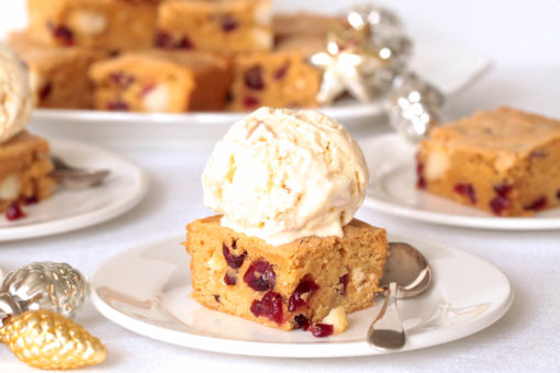 Macadamia Cranberry Blondie with Nougat Ice Cream