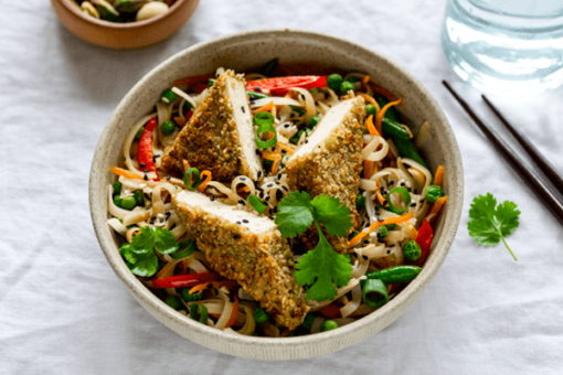 Nut Crumbed Tofu with Speedy Noodles